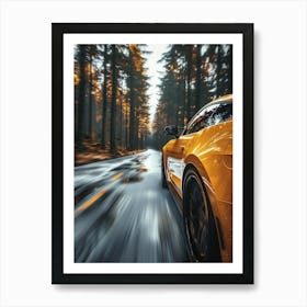 Yellow Sports Car Driving In The Forest Art Print