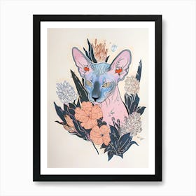 Cute Sphynx Cat With Flowers Illustration 4 Art Print