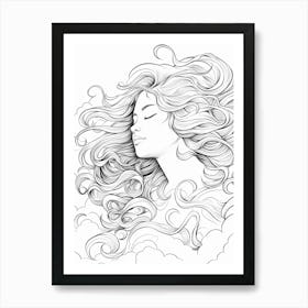 Wavy Hair Fine Line Drawing Colouring Book Style 4 Art Print