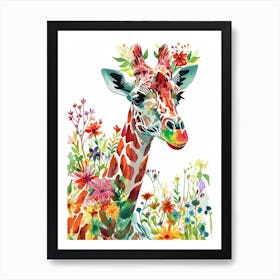 Giraffe With Flowers Watercolour 2 Art Print