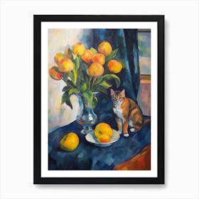 Flower Vase Freesia With A Cat 4 Impressionism, Cezanne Style Art Print