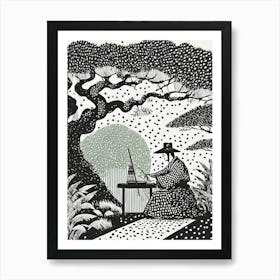 A Garden Scene With A Samurai Practicing Calligraphy pointillism Art Print