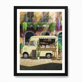 Anime Canvas Art: Sunlit Coffee Truck with Vibrant Colors, European Buildings, and Lush Greenery, Perfect for Lofi Aesthetic and Market Scene Art Fans. Art Print