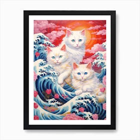 The Great Wave Off Kanagawa White Cats Kitsch Art Print