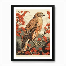 Vintage Bird Linocut Red Tailed Hawk 3 Art Print