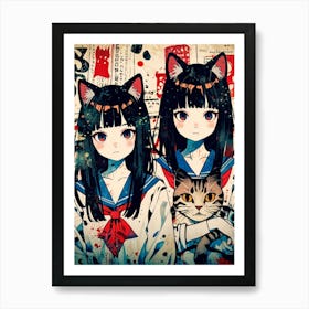 Two Anime Girls Holding A Cat Art Print