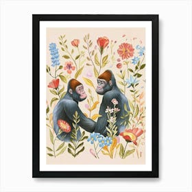 Folksy Floral Animal Drawing Gorilla 4 Art Print