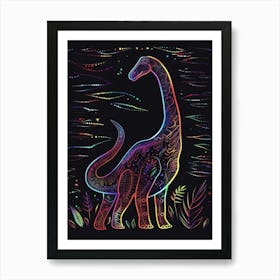 Abstract Neon Line Illustration Brachiosaurus 2 Art Print
