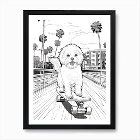 Maltese Dog Skateboarding Line Art 4 Art Print