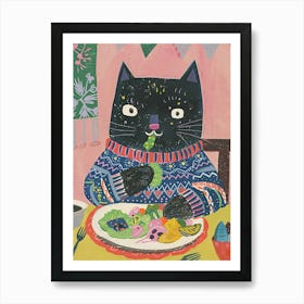 Black Cat Eating Salad Folk Illustration 2 Art Print