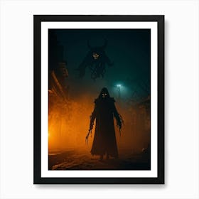 Amid A Chilling Night Draped With Eerie Mist A Daemon Manifests In A Haunting Silhouette Lost In A (1) Art Print