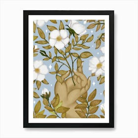 White flowers on blue floral art Art Print