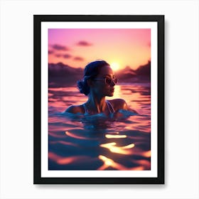 Woman In The Ocean In sunset Art Print