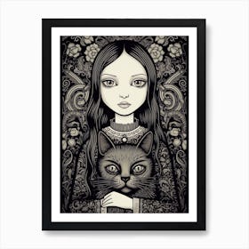 Wednesday Addams And A Cat Line Art Noveau 5 Fan Art Art Print