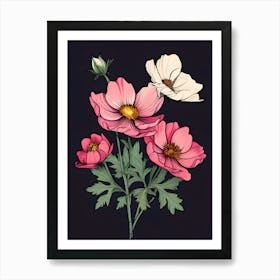 Pink Flowers On Black Background Art Print