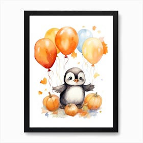 Penguin Flying With Autumn Fall Pumpkins And Balloons Watercolour Nursery 3 Art Print