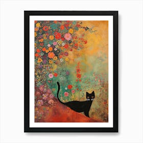 Fluffly Cat Klimt Flowers Botanical Art Art Print