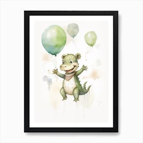 Baby Crocodile Flying With Ballons, Watercolour Nursery Art 3 Art Print