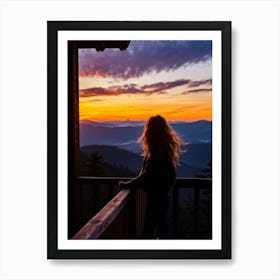 Woman Basking In Sunsets Glow On A Mountain Porch Silhouette Against A Sky Painted With Hues Of Or (5) Art Print