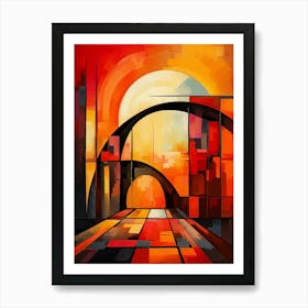 Bridge of Dreams V, Abstract Colorful Painting in Red, Yellow and Black Cubism Picasso Style Art Print