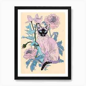 Cute Siamese Cat With Flowers Illustration 1 Art Print