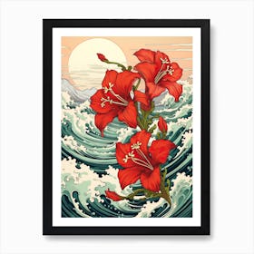 Great Wave With Amaryllis Flower Drawing In The Style Of Ukiyo E 3 Art Print