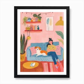 Girl In The Sofa With Pets Tv Lo Fi Kawaii Illustration 6 Art Print