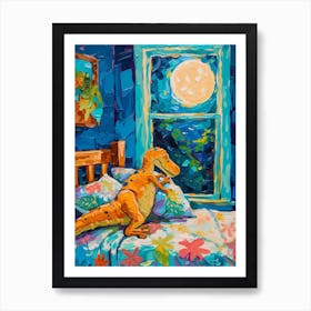 Dinosaur In Bed With Blue Moon Brushstrokes Art Print