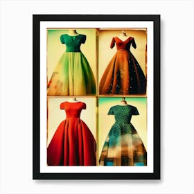 Four Vintage, Couture, Colorful Dresses, Collage, Double Exposure Art Print