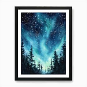 Northern Lights And Starry Sky, Stars And Blue Green Aurora Borealis with Pine Tree Forest, Dark Winter Art Print