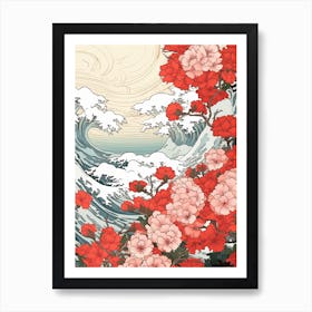 Great Wave With Sweet William Flower Drawing In The Style Of Ukiyo E 4 Art Print