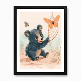 American Black Bear Cub Playing With A Butterfly Storybook Illustration 3 Art Print