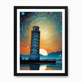 Leaning Tower of Pisa ~ Italian Travel Adventure Visionary Wall Decor Futuristic Sci-Fi Trippy Surrealism Modern Digital Psychedelic Cubic Fantasy Art Full Moons Stars Mandala Spiritual Fractals Space DMT Vibrant Art Print