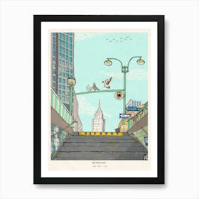 Metro Stop Manhattan NYC Art Print - Whimsical Cityscape Illustration - Colorful New York City Wall Art - Fine Art Home Decor Affiche