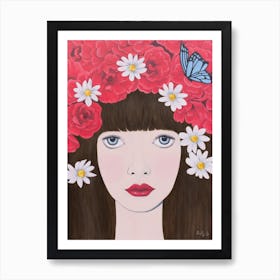Woman And Red Flowers On Hair Art Print