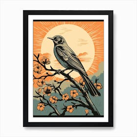 Vintage Bird Linocut Mockingbird 1 Art Print