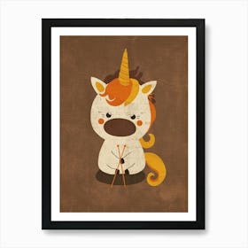 Muted Orange Cute Unicorn Knitting Art Print