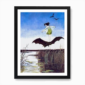 The Witch's sister on Her Black Bat - Ida Rentoul Outhwaite 1921 - Fairy Bat Girl - Witchy Fairytale Witchcore Cottagecore Fairycore Spooky Remastered Art Deco Vintage Illustration Australian Art Print