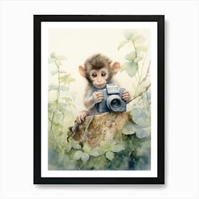 Monkey Painting Photographing Watercolour 1 Art Print