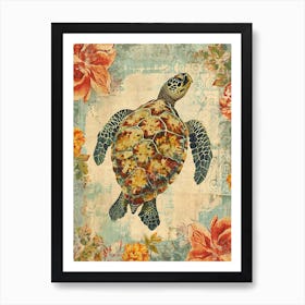 Textured Floral Sea Turtle Blue & Sepia 2 Art Print