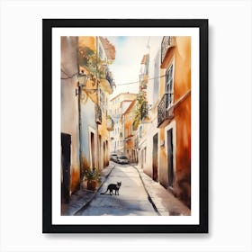 Painting Of Lisbon Portugal With A Cat In The Style Of Watercolour 2 Art Print