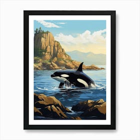 Realistic Orca Whale By A Rocky Coastline 1 Art Print