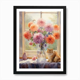 Cat With Chrysanthemum Flowers Watercolor Mothers Day Valentines 1 Art Print