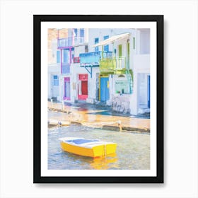 Milos, Greece I Yellow boat at fishing village of Klima with colorful houses on Mediterranean sea for a pastel summer aegean vibes aesthetic photography on Cyclades islands Santorini during Europe road trip Art Print