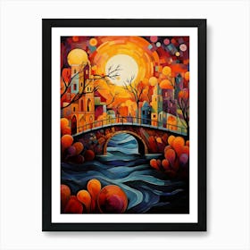 Stone Bridge in Old Town at Sunset, Abstract Vibrant Colorful Painting in Van Gogh & Cubism Style Art Print