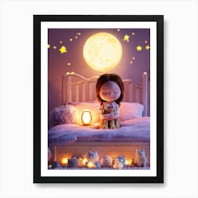 Chibi Character With Folded Hands And Closed Eyes Smiling As They Sit At The Edge Of A Bed Surroun Art Print