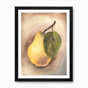 Pear And A Leaf Watercolor painting still life minimal kitchen realistic figurative classical academical yellow beige brown green food art  Art Print