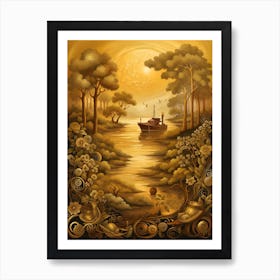 Golden Boat In The River Art Print