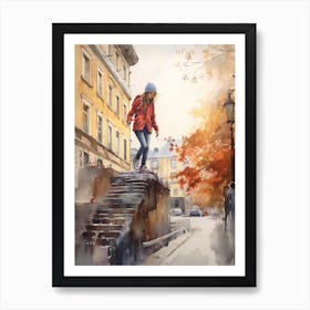 Girl Skateboarding In Stockholm, Sweden Watercolour 3 Art Print