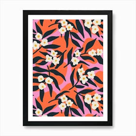 Blossoms on Flowing Leaves and Stones Orange, Pink, White Art Print